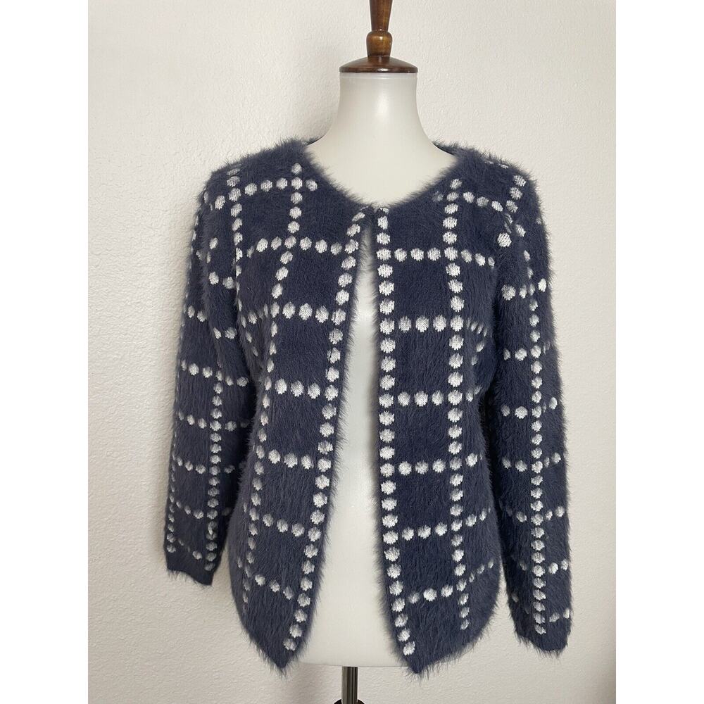 Little Luxe 9 Cardigan Sweater Women M Polka Dot Open Front Fuzzy Mohair